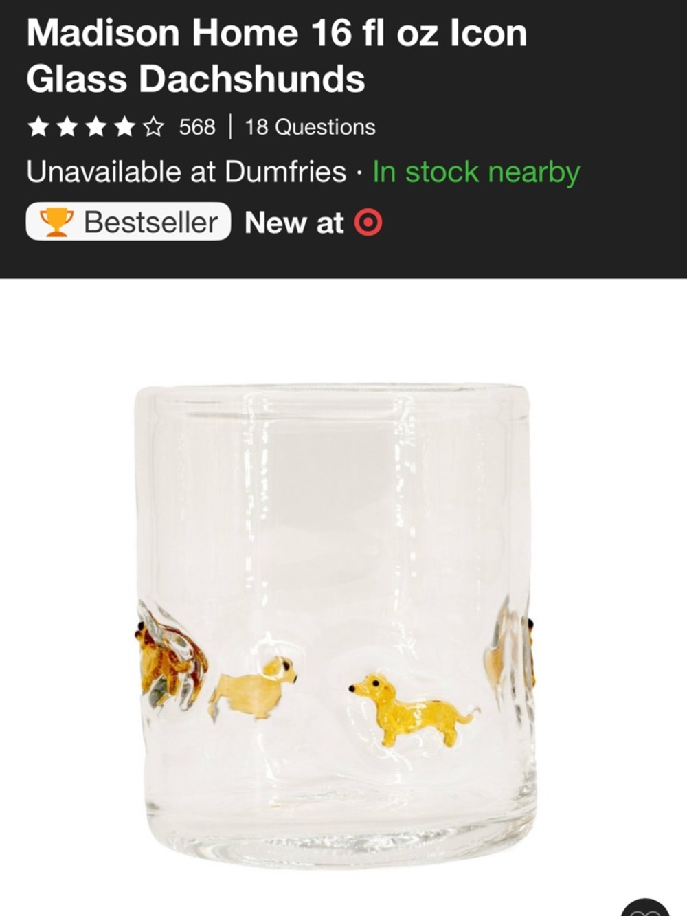 Madison Home International Glass Tumbler with Brown Dachshund Motif - set of 6